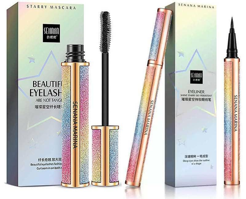 4D Silk Fiber Lash Mascara and SENANA MARINA Eyeliner & Mascara Set - Black Waterproof Liquid Eyeliner Pencil & Quantity-Enhancing Sky Excessive Mascara