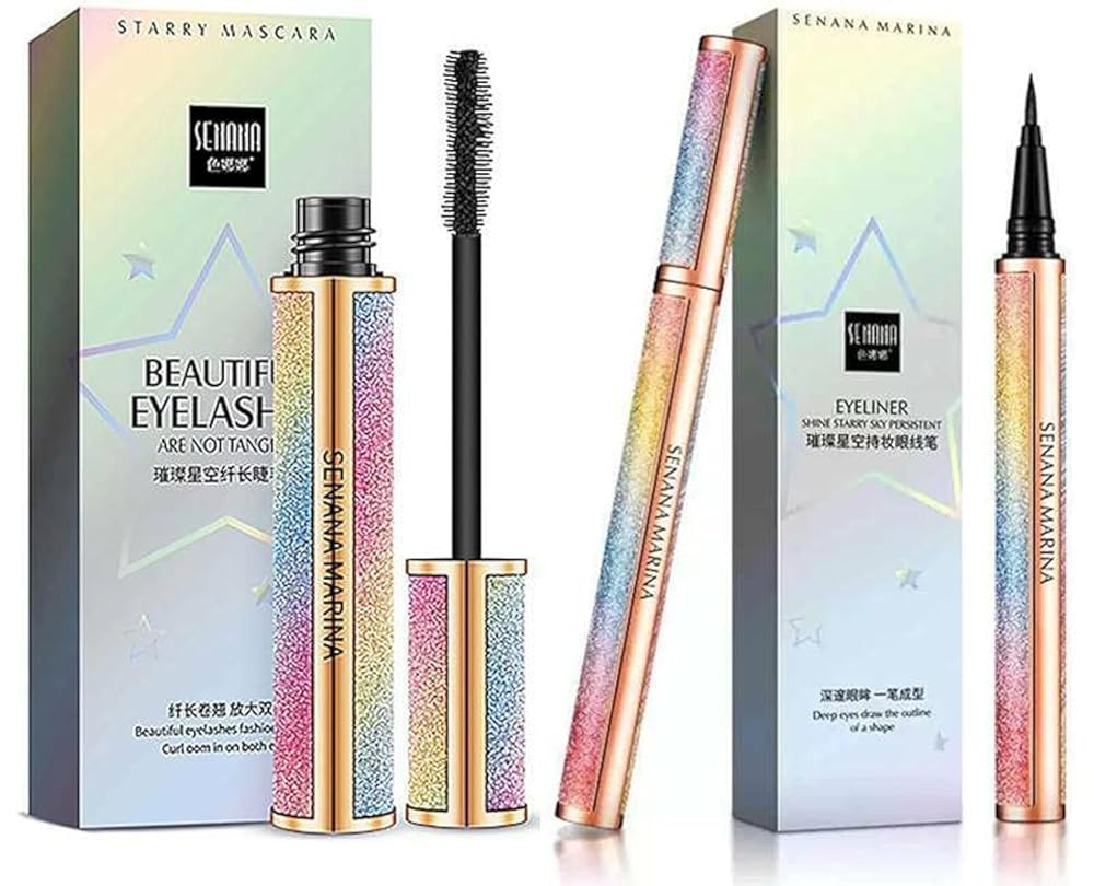 4D Silk Fiber Lash Mascara and SENANA MARINA Eyeliner & Mascara Set – Black Waterproof Liquid Eyeliner Pencil & Quantity-Enhancing Sky Excessive Mascara