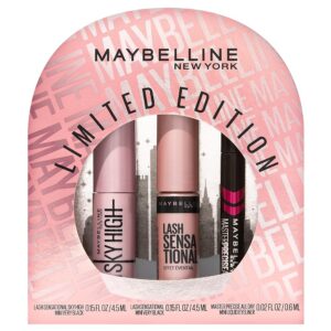 Maybelline New York Vacation Unique Eye Make-up Present Set: Sky Excessive Mascara, Lash Sensational Mascara, and Grasp Exact Liquid Eyeliner Miniatures – Black, 1 Equipment