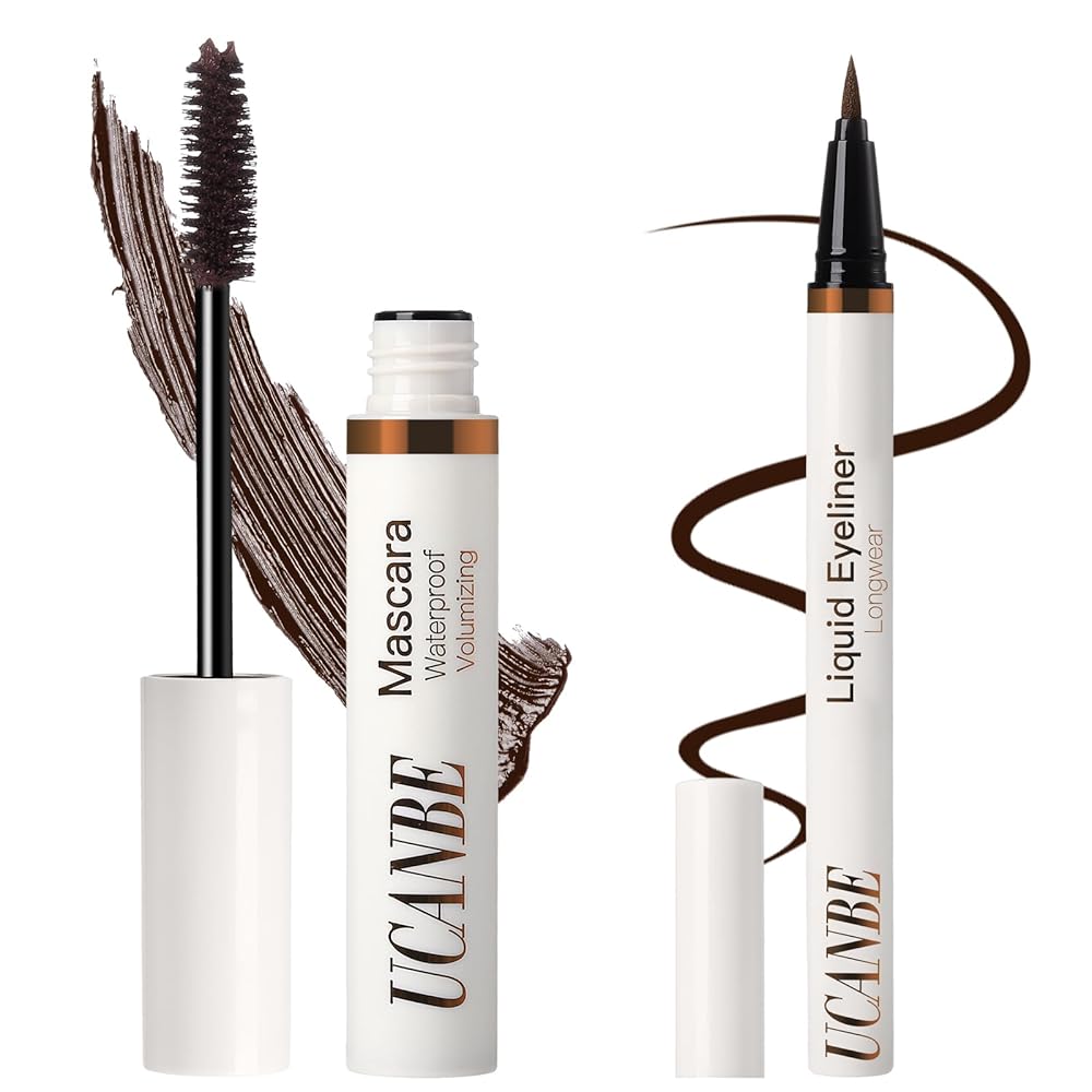 UCANBE Brown Mascara and Liquid Eyeliner Set – Waterproof Coloured Eye Make-up Duo for a Pure Raise & Curl, That includes Pigmented Smudge-Proof Eyeliner to Improve Your Gaze